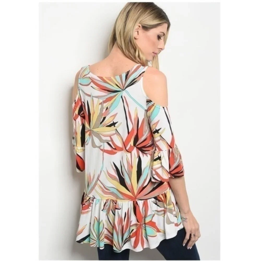 Red White Cold Shoulder Floral  Top - Picture 2 of 2